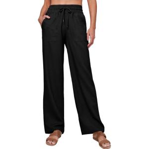 imageTanming Womens Linen Pants Summer Casual Drawstring High Waisted Cotton Pants Beach Pants with PocketsBlack