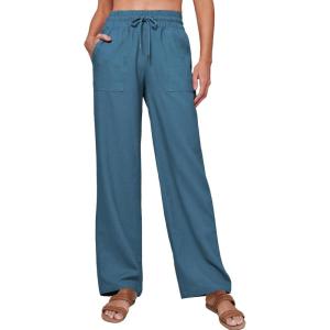 imageTanming Womens Linen Pants Summer Casual Drawstring High Waisted Cotton Pants Beach Pants with PocketsBlue