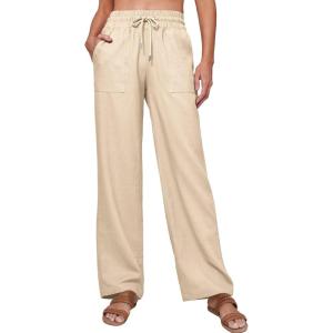 imageTanming Womens Linen Pants Summer Casual Drawstring High Waisted Cotton Pants Beach Pants with PocketsKhaki