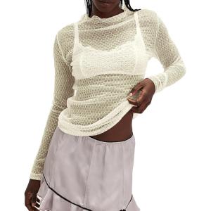 imageTanming Womens Mesh Sheer Top Long Sleeve Mock Neck See Through Shirts Slim Fit Sexy Lace BlouseBeige