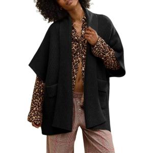 imageTanming Womens Open Front Cardigan Sweaters Casual Short Sleeve Knit Sweater Cape Wrap Outerwear CoatsBlack