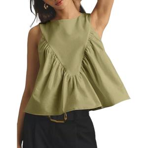 imageTanming Womens Sleeveless Peplum Top Swing Tank Loose Fit Back Button Casual Blouse Ruffled ShirtsGreen