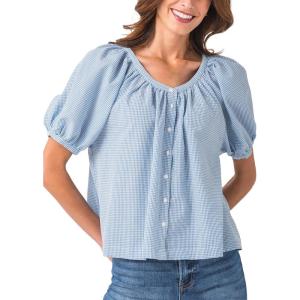 imageTanming Womens Summer Plaid Button Down Shirts Short Puff Sleeve Cotton Crew Neck Gingham Blouses TopsBlue