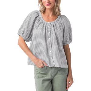 imageTanming Womens Summer Plaid Button Down Shirts Short Puff Sleeve Cotton Crew Neck Gingham Blouses TopsGrey