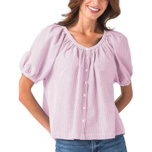 imageTanming Womens Summer Plaid Button Down Shirts Short Puff Sleeve Cotton Crew Neck Gingham Blouses TopsPink
