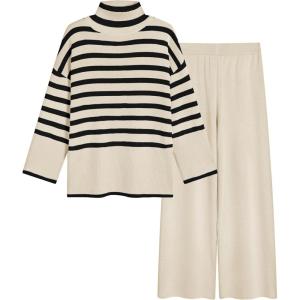 imageTanming Womens Sweater Sets Long Sleeve Striped Jumper Tops Casual Knit Wide Leg Pants SetsBeige
