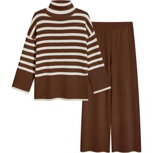 imageTanming Womens Sweater Sets Long Sleeve Striped Jumper Tops Casual Knit Wide Leg Pants SetsBrown