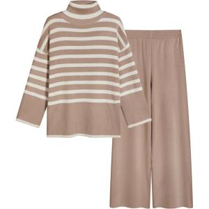 imageTanming Womens Sweater Sets Long Sleeve Striped Jumper Tops Casual Knit Wide Leg Pants SetsKhaki