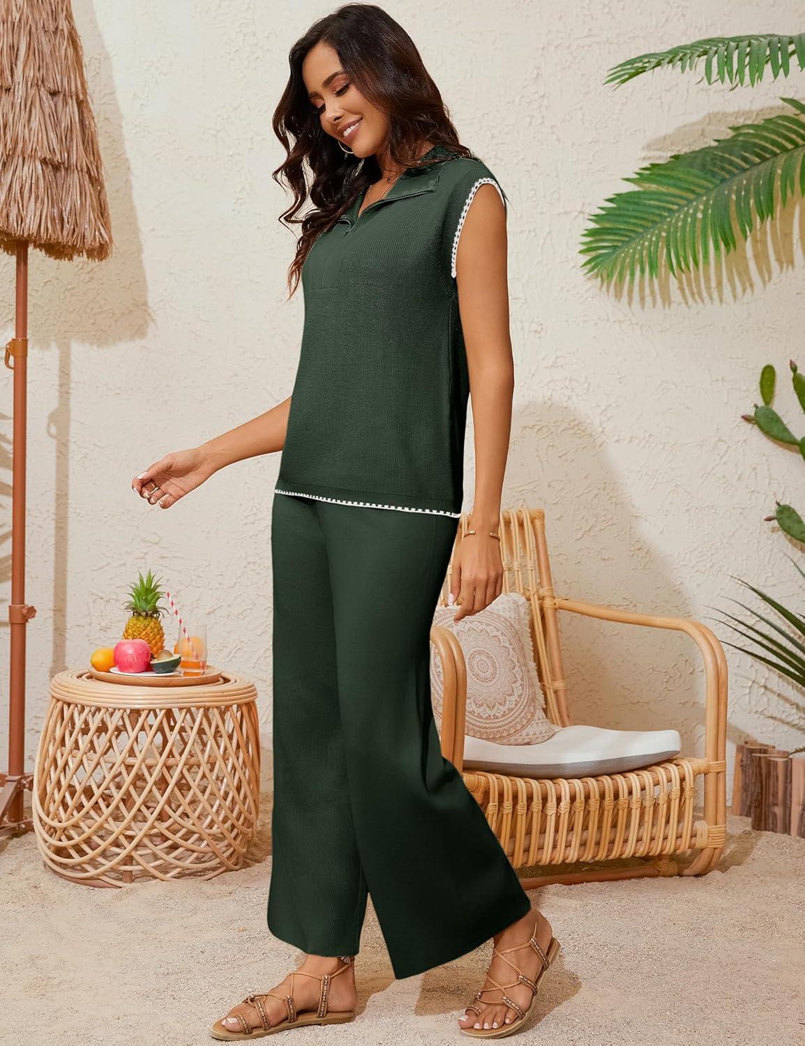 imageTanming Two Piece Sets for Women Sleeveless Half Zip Sweater Vest Wide Leg Pants Sweatsuits Lounge SetArmy Green