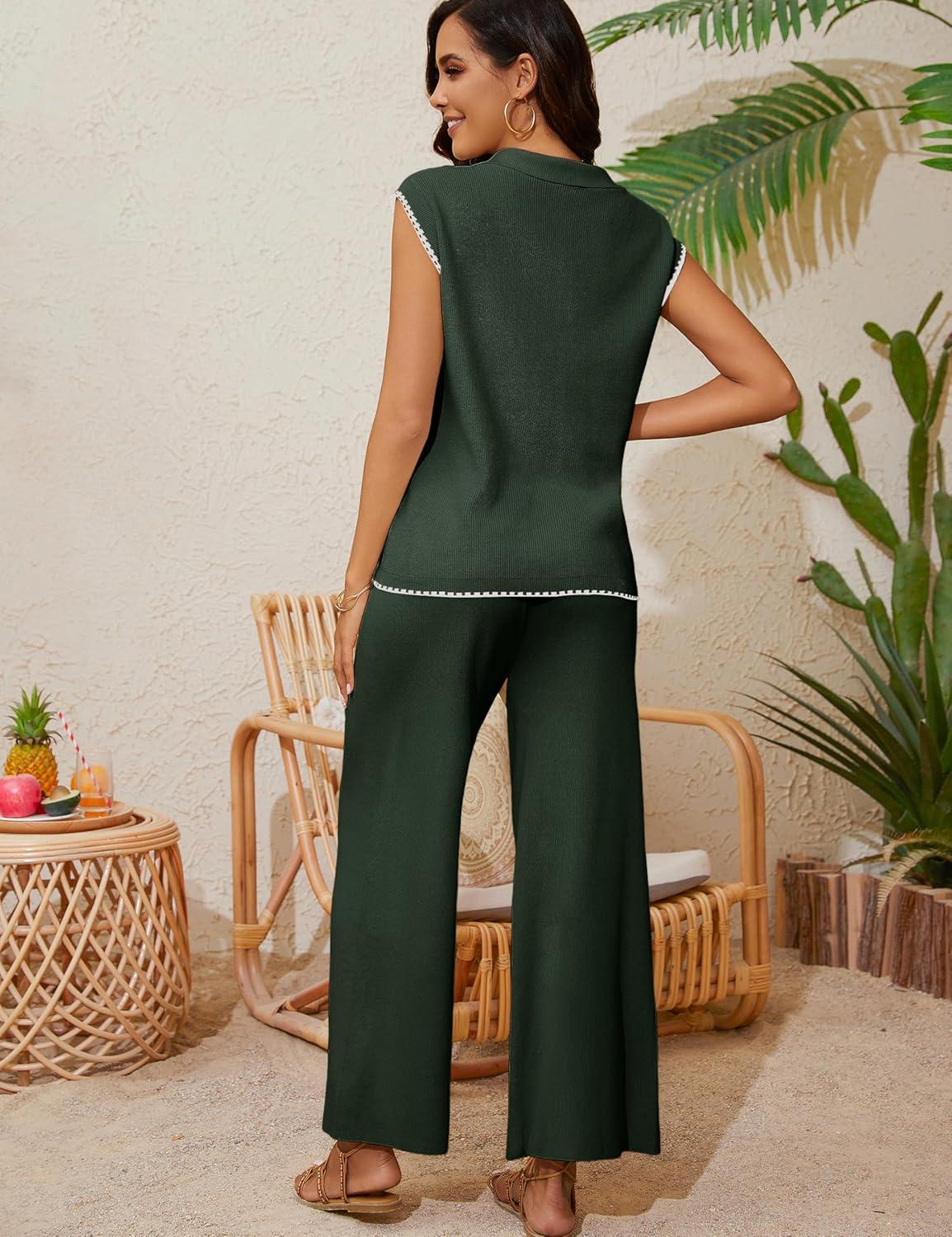 imageTanming Two Piece Sets for Women Sleeveless Half Zip Sweater Vest Wide Leg Pants Sweatsuits Lounge SetArmy Green