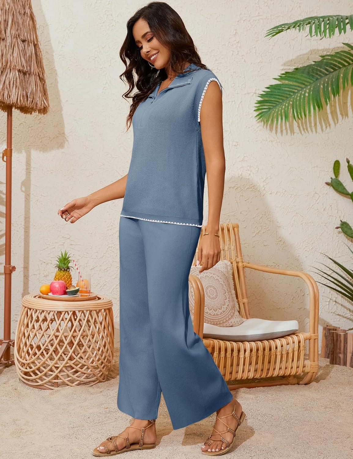 imageTanming Two Piece Sets for Women Sleeveless Half Zip Sweater Vest Wide Leg Pants Sweatsuits Lounge SetBlue