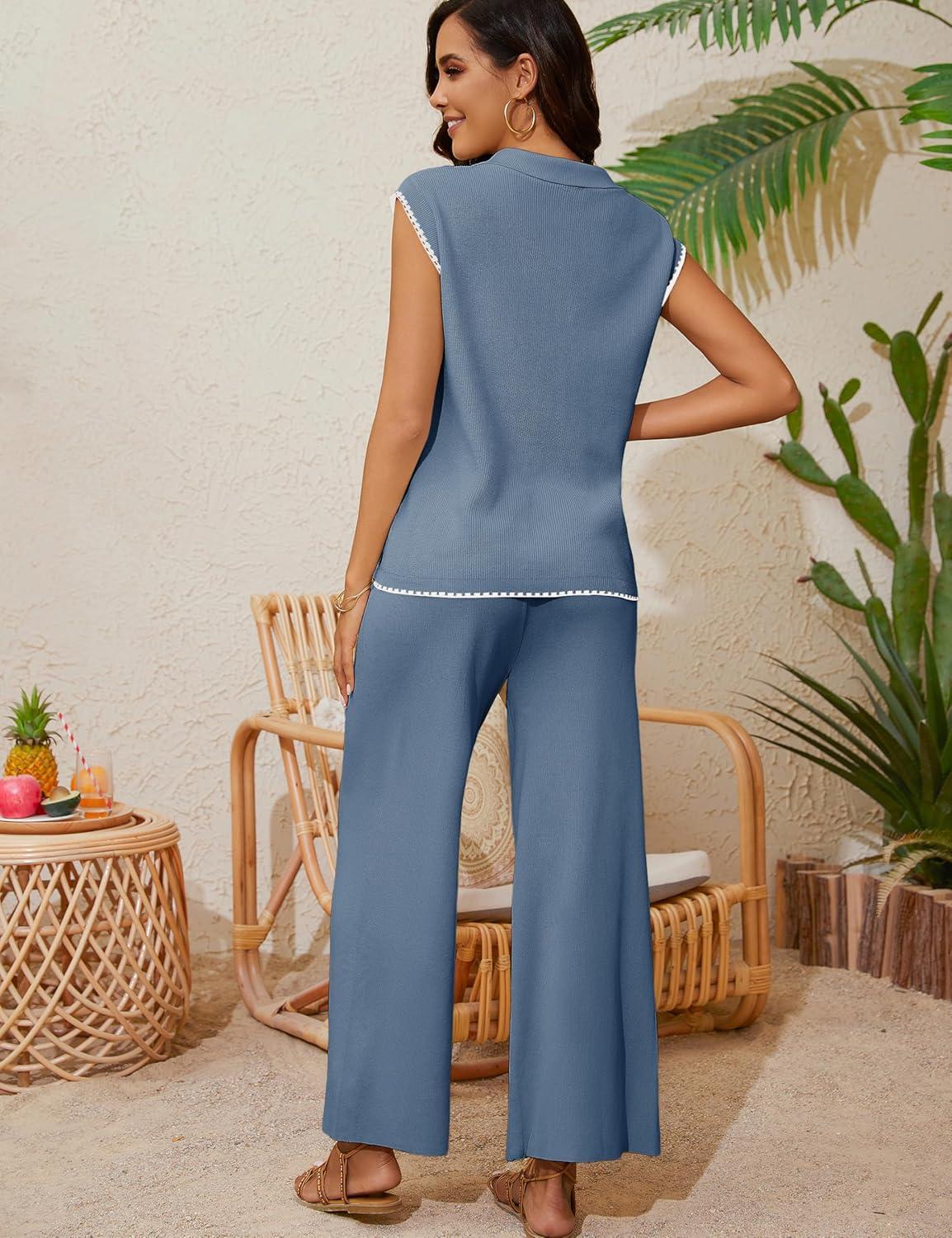 imageTanming Two Piece Sets for Women Sleeveless Half Zip Sweater Vest Wide Leg Pants Sweatsuits Lounge SetBlue