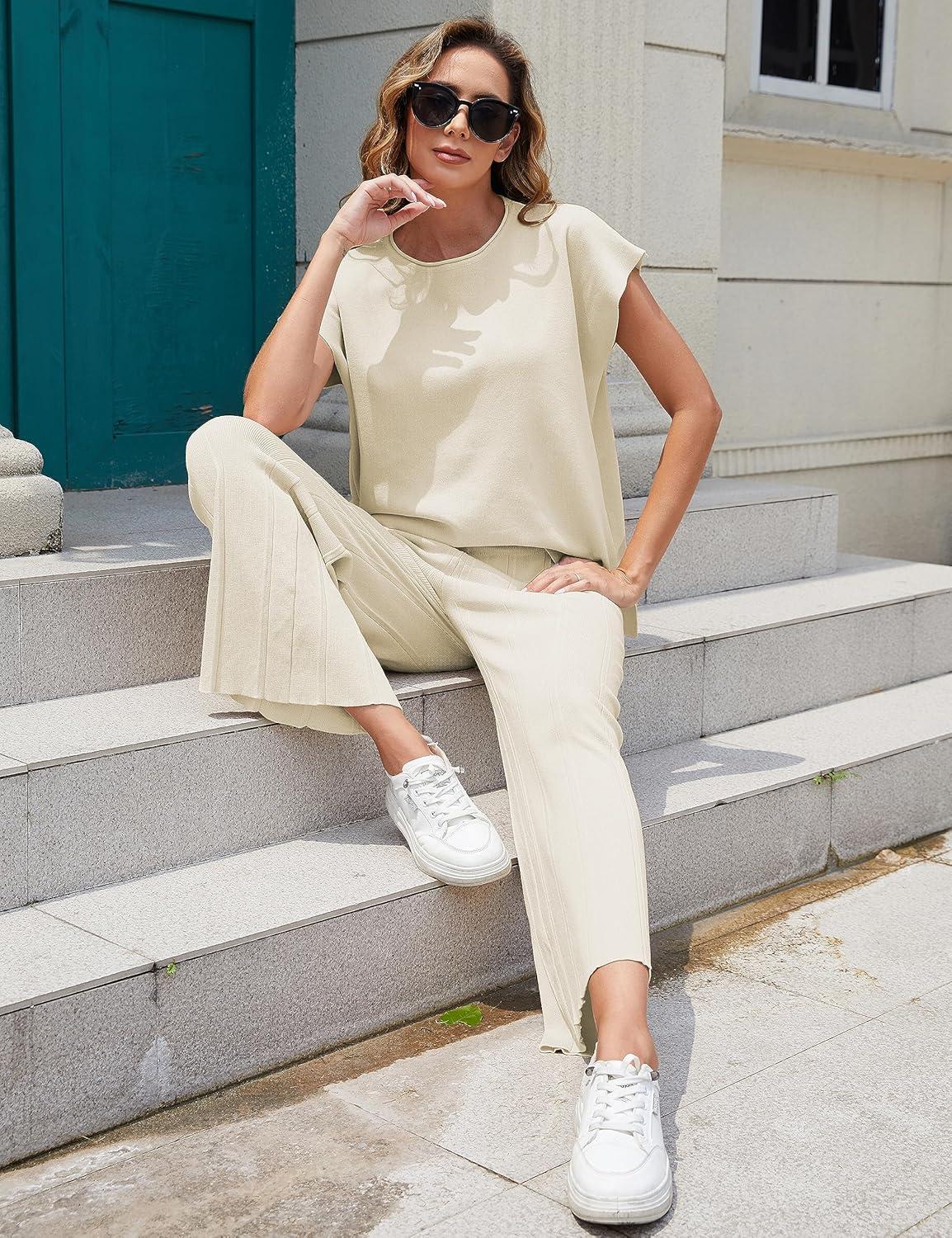 imageTanming Womens 2 Piece Outfits Sweater Set Knit Pullover Tops High Waisted Pants Sweatsuits Lounge SetBeige