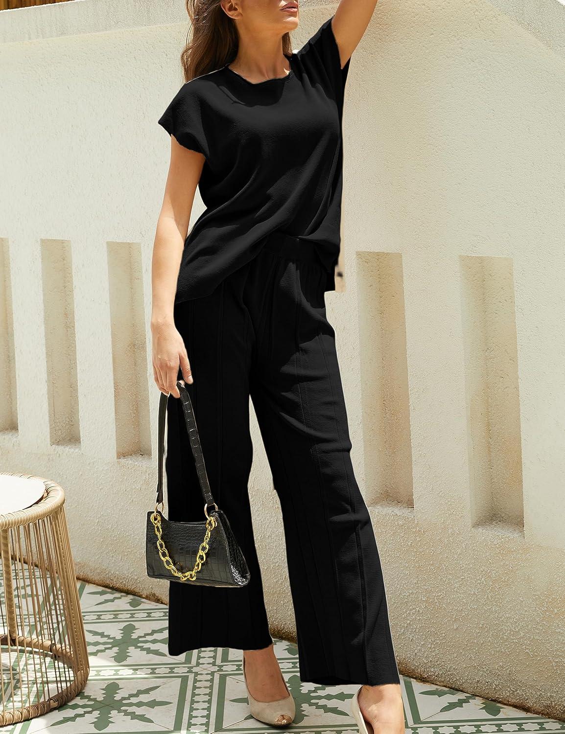 imageTanming Womens 2 Piece Outfits Sweater Set Knit Pullover Tops High Waisted Pants Sweatsuits Lounge SetBlack