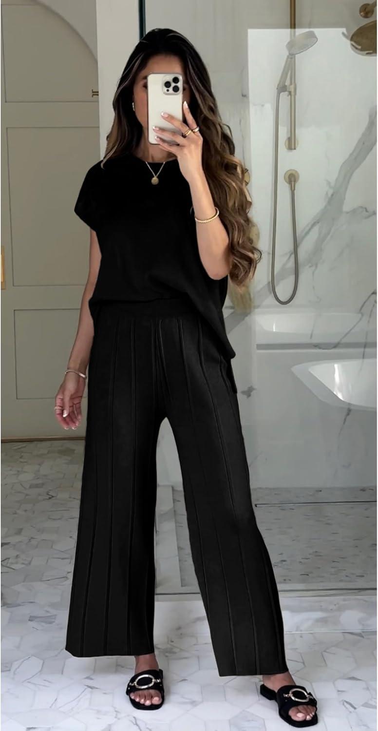 imageTanming Womens 2 Piece Outfits Sweater Set Knit Pullover Tops High Waisted Pants Sweatsuits Lounge SetBlack