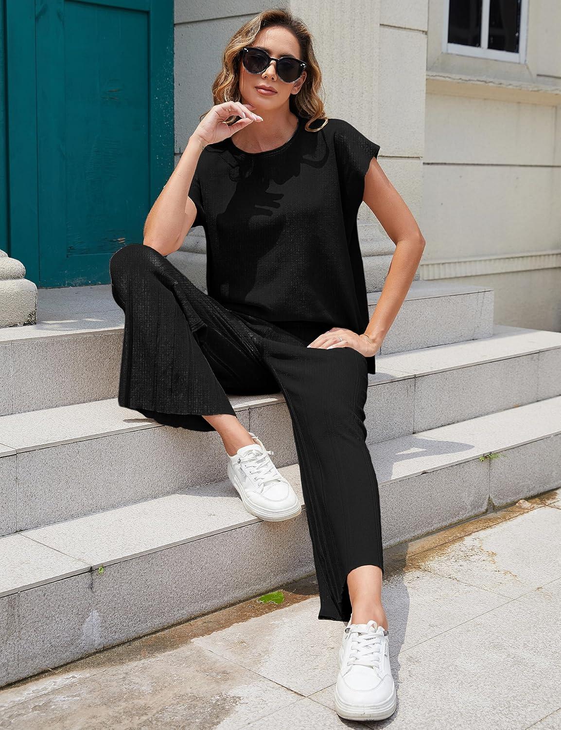 imageTanming Womens 2 Piece Outfits Sweater Set Knit Pullover Tops High Waisted Pants Sweatsuits Lounge SetBlack