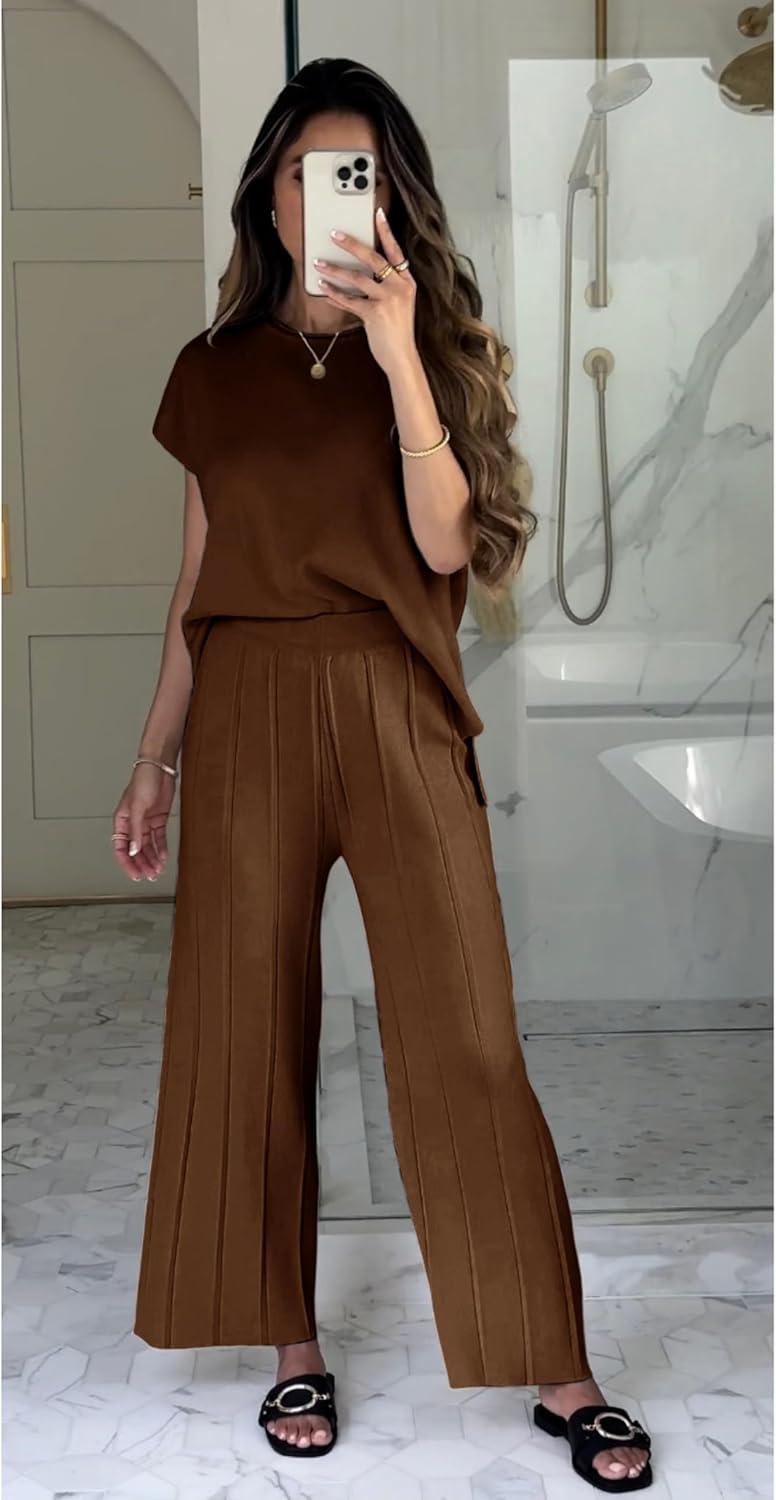 imageTanming Womens 2 Piece Outfits Sweater Set Knit Pullover Tops High Waisted Pants Sweatsuits Lounge SetCoffee