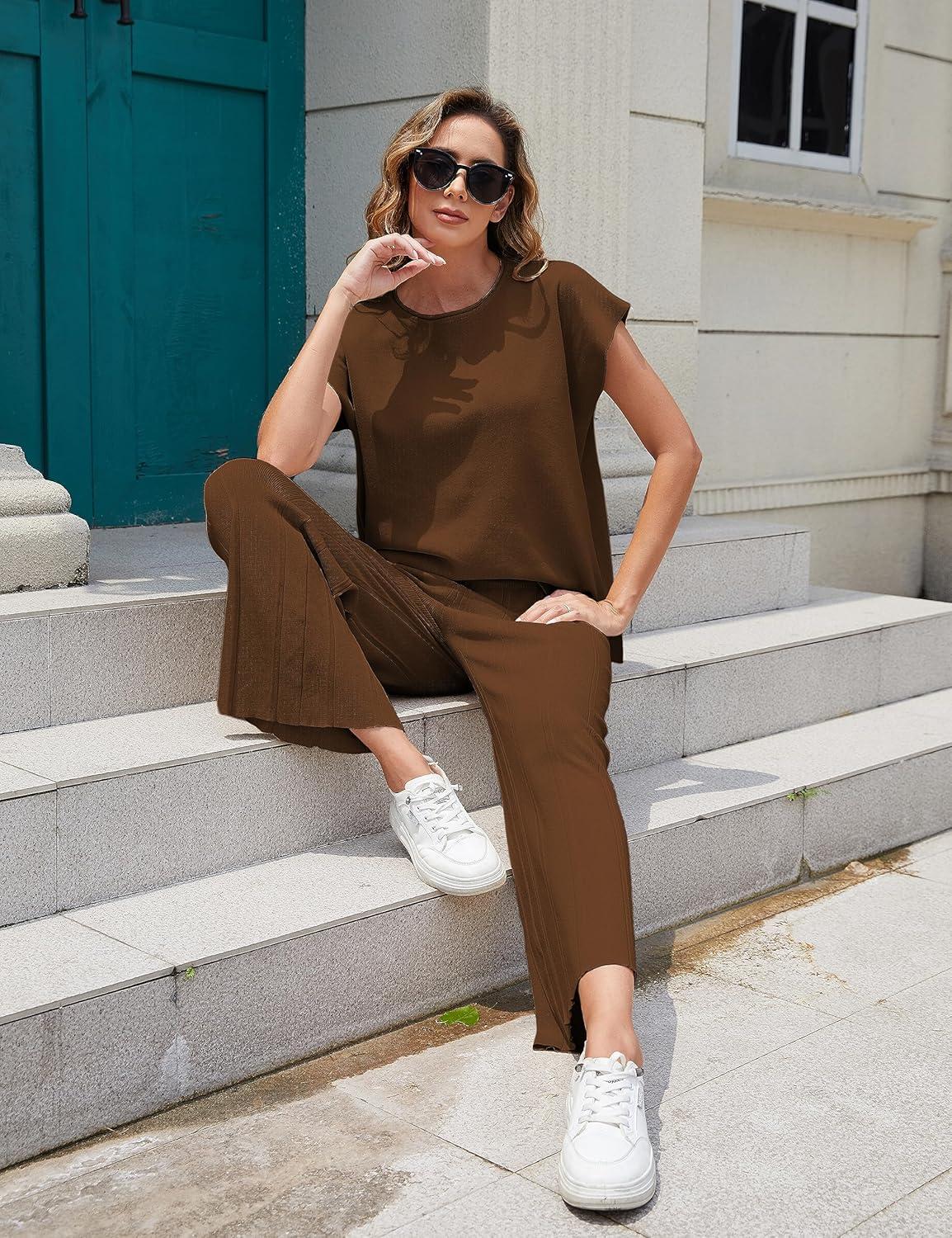 imageTanming Womens 2 Piece Outfits Sweater Set Knit Pullover Tops High Waisted Pants Sweatsuits Lounge SetCoffee