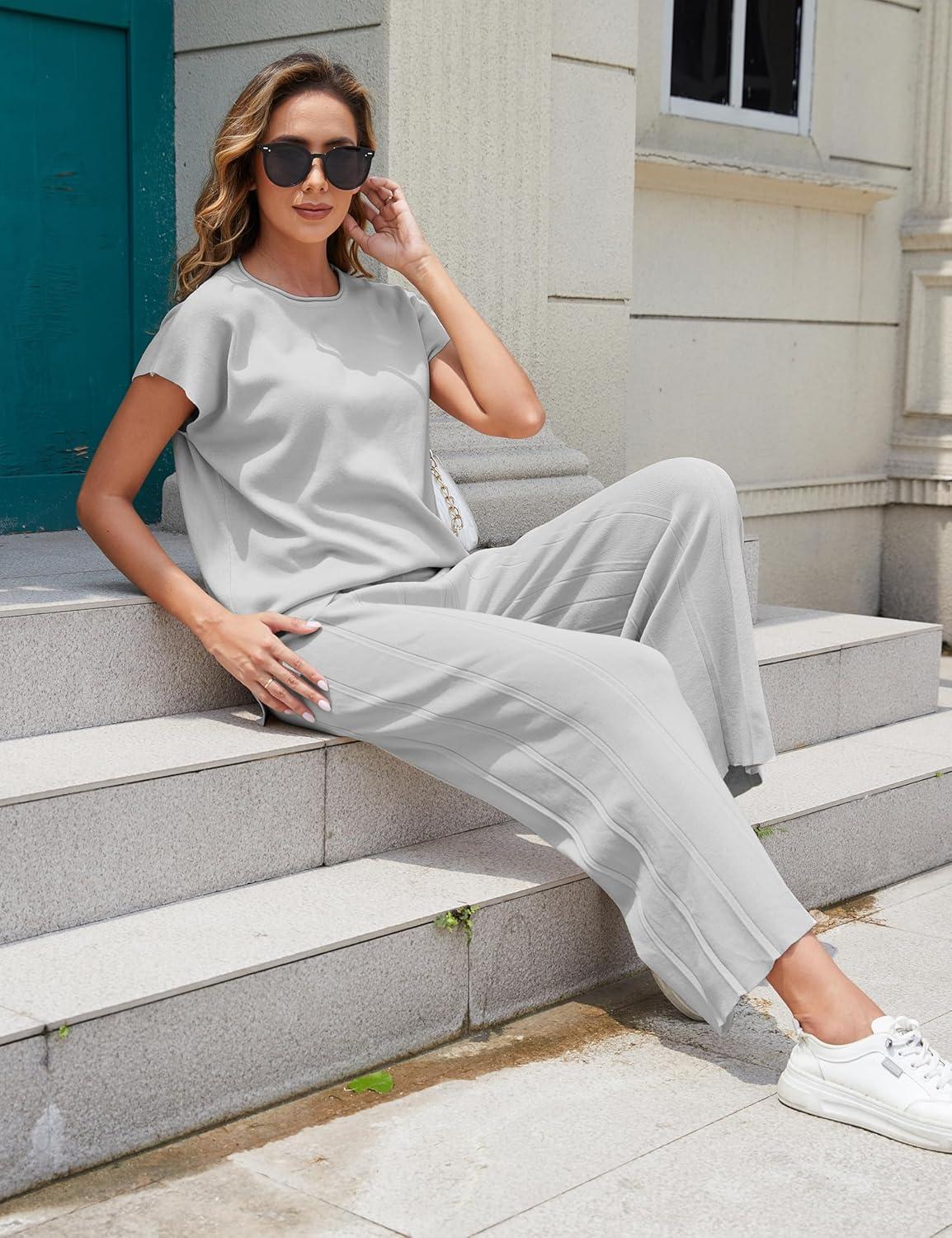 imageTanming Womens 2 Piece Outfits Sweater Set Knit Pullover Tops High Waisted Pants Sweatsuits Lounge SetGrey