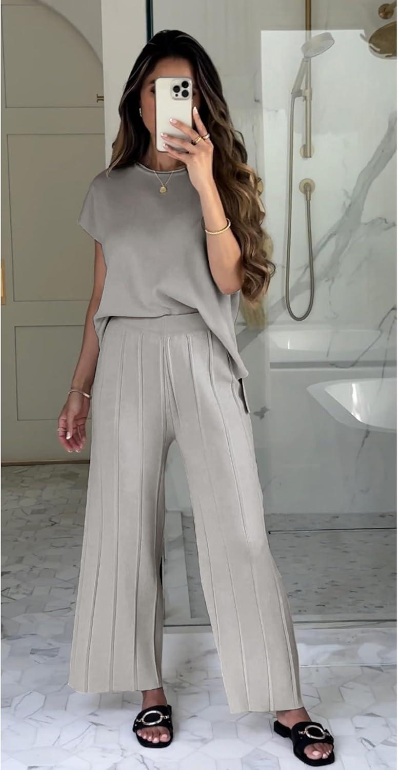 imageTanming Womens 2 Piece Outfits Sweater Set Knit Pullover Tops High Waisted Pants Sweatsuits Lounge SetGrey