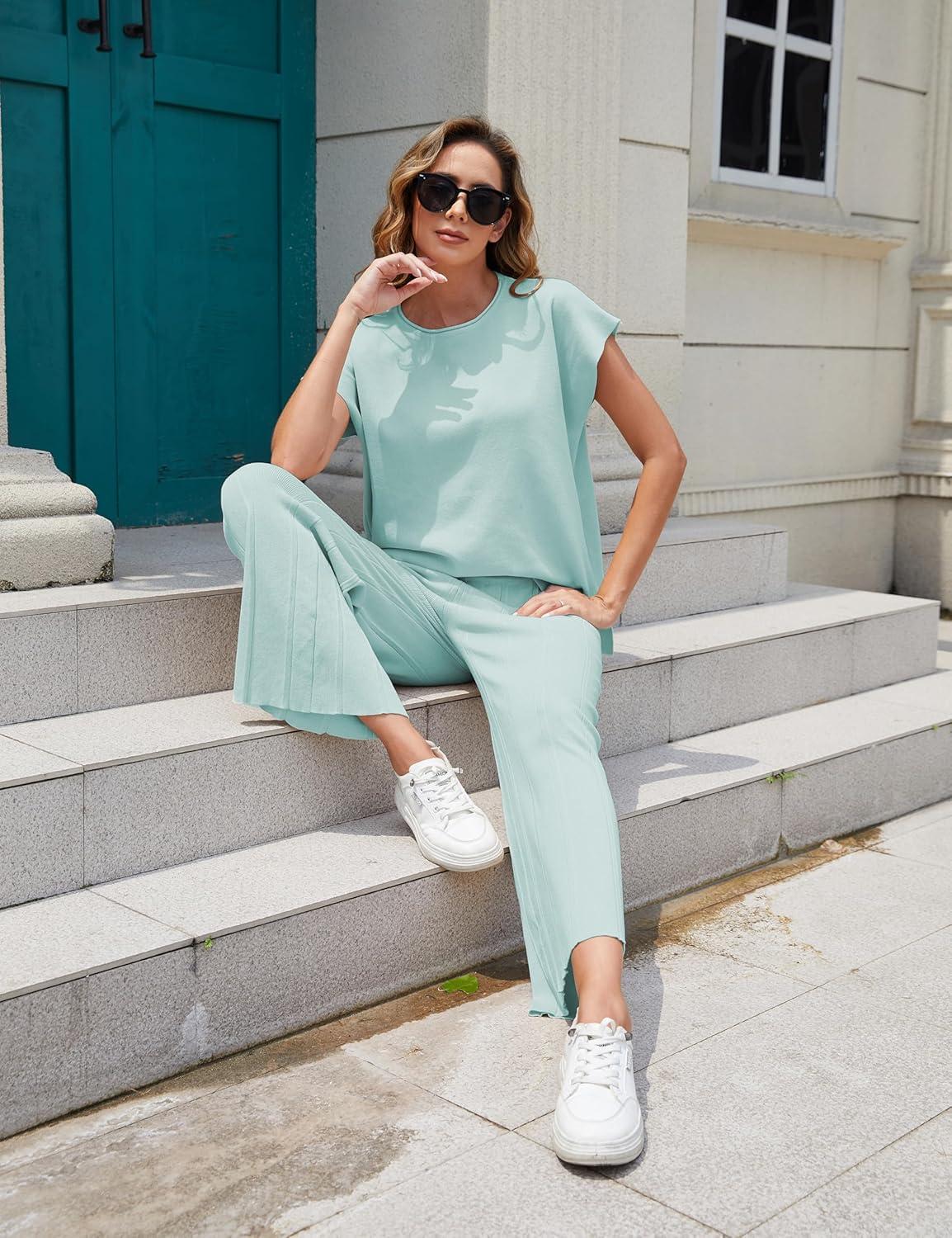 imageTanming Womens 2 Piece Outfits Sweater Set Knit Pullover Tops High Waisted Pants Sweatsuits Lounge SetGrey Green