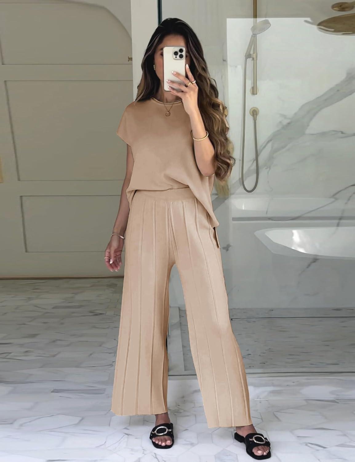 imageTanming Womens 2 Piece Outfits Sweater Set Knit Pullover Tops High Waisted Pants Sweatsuits Lounge SetKhaki