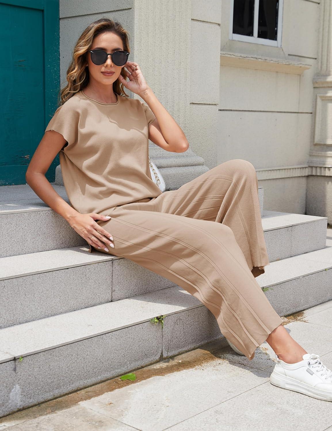 imageTanming Womens 2 Piece Outfits Sweater Set Knit Pullover Tops High Waisted Pants Sweatsuits Lounge SetKhaki