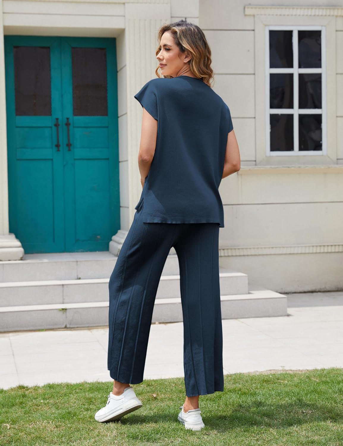 imageTanming Womens 2 Piece Outfits Sweater Set Knit Pullover Tops High Waisted Pants Sweatsuits Lounge SetNavy