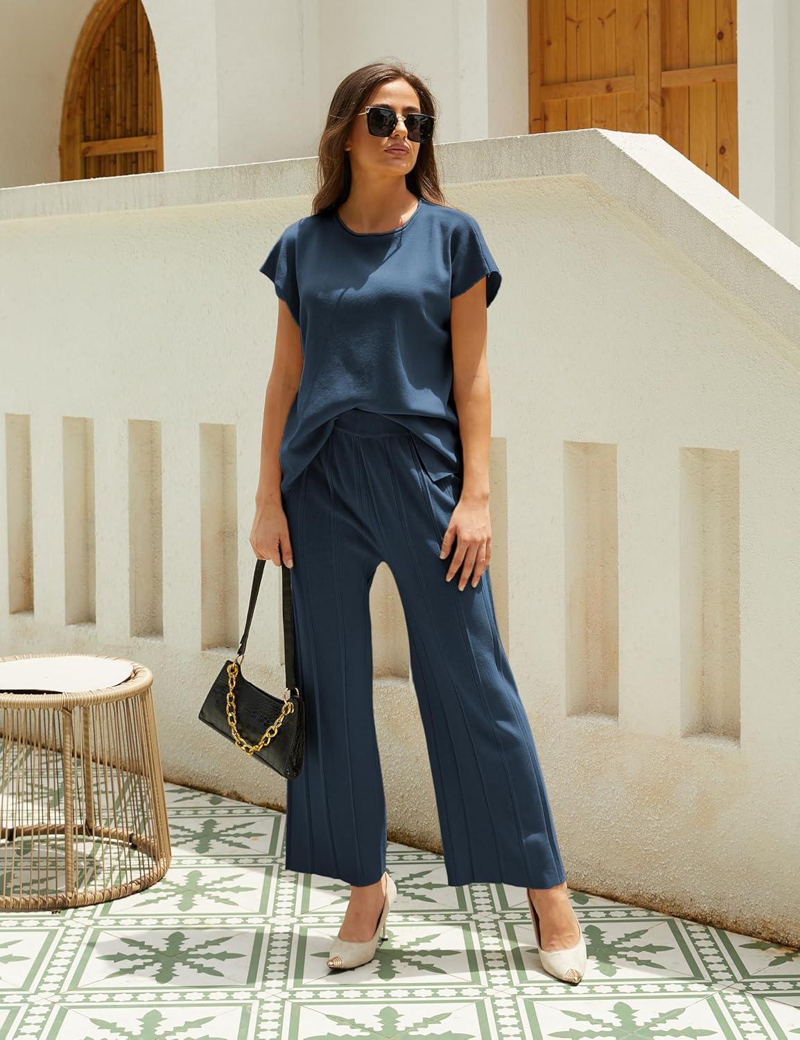 imageTanming Womens 2 Piece Outfits Sweater Set Knit Pullover Tops High Waisted Pants Sweatsuits Lounge SetNavy