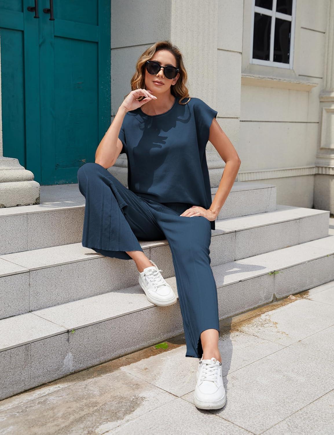 imageTanming Womens 2 Piece Outfits Sweater Set Knit Pullover Tops High Waisted Pants Sweatsuits Lounge SetNavy