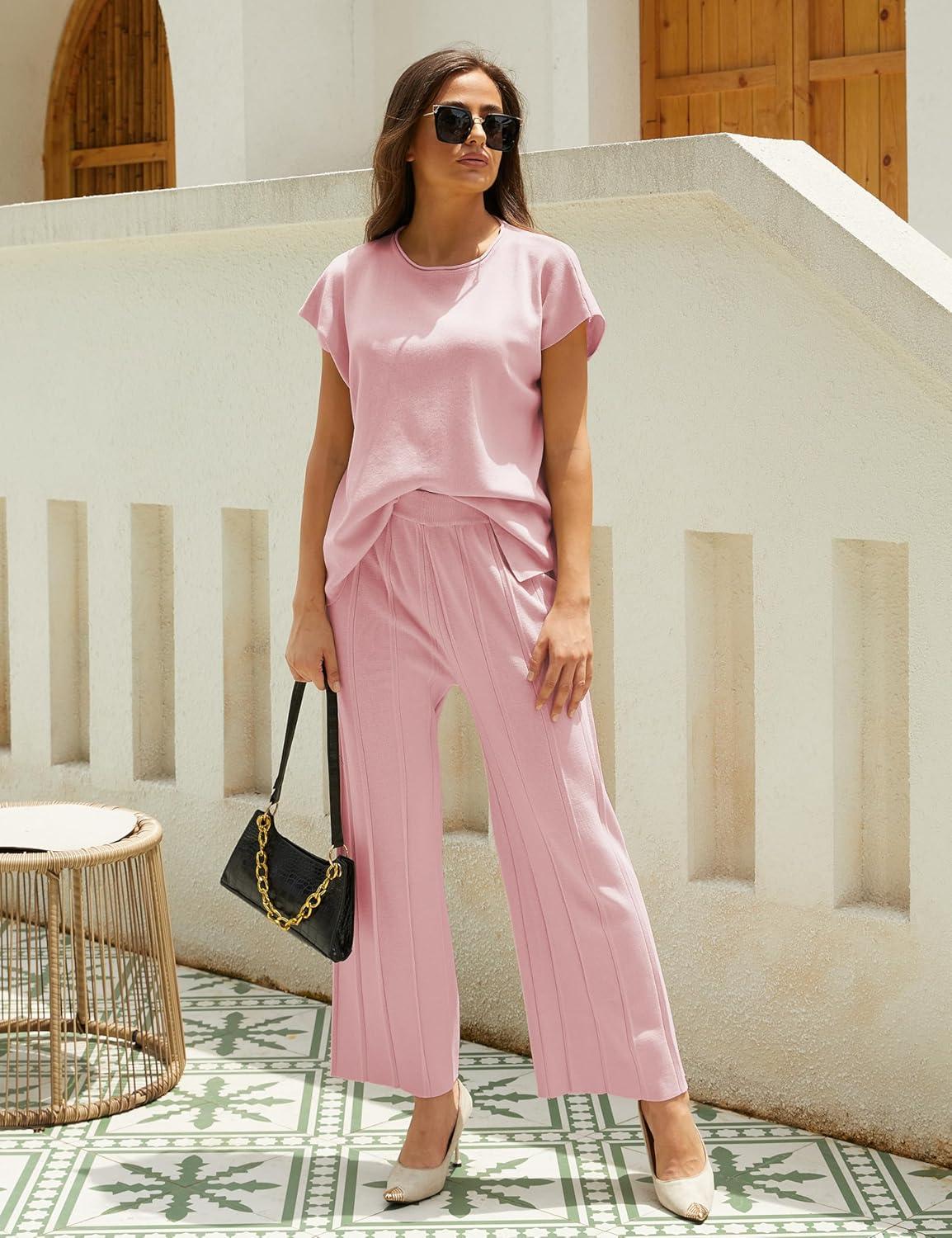 imageTanming Womens 2 Piece Outfits Sweater Set Knit Pullover Tops High Waisted Pants Sweatsuits Lounge SetPink