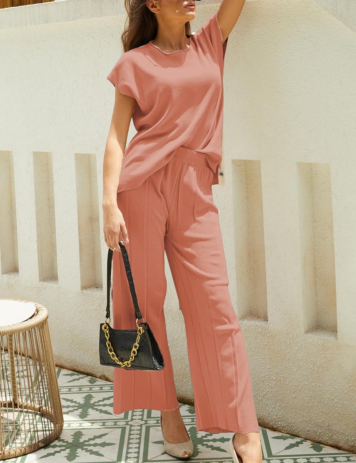 imageTanming Womens 2 Piece Outfits Sweater Set Knit Pullover Tops High Waisted Pants Sweatsuits Lounge SetRust