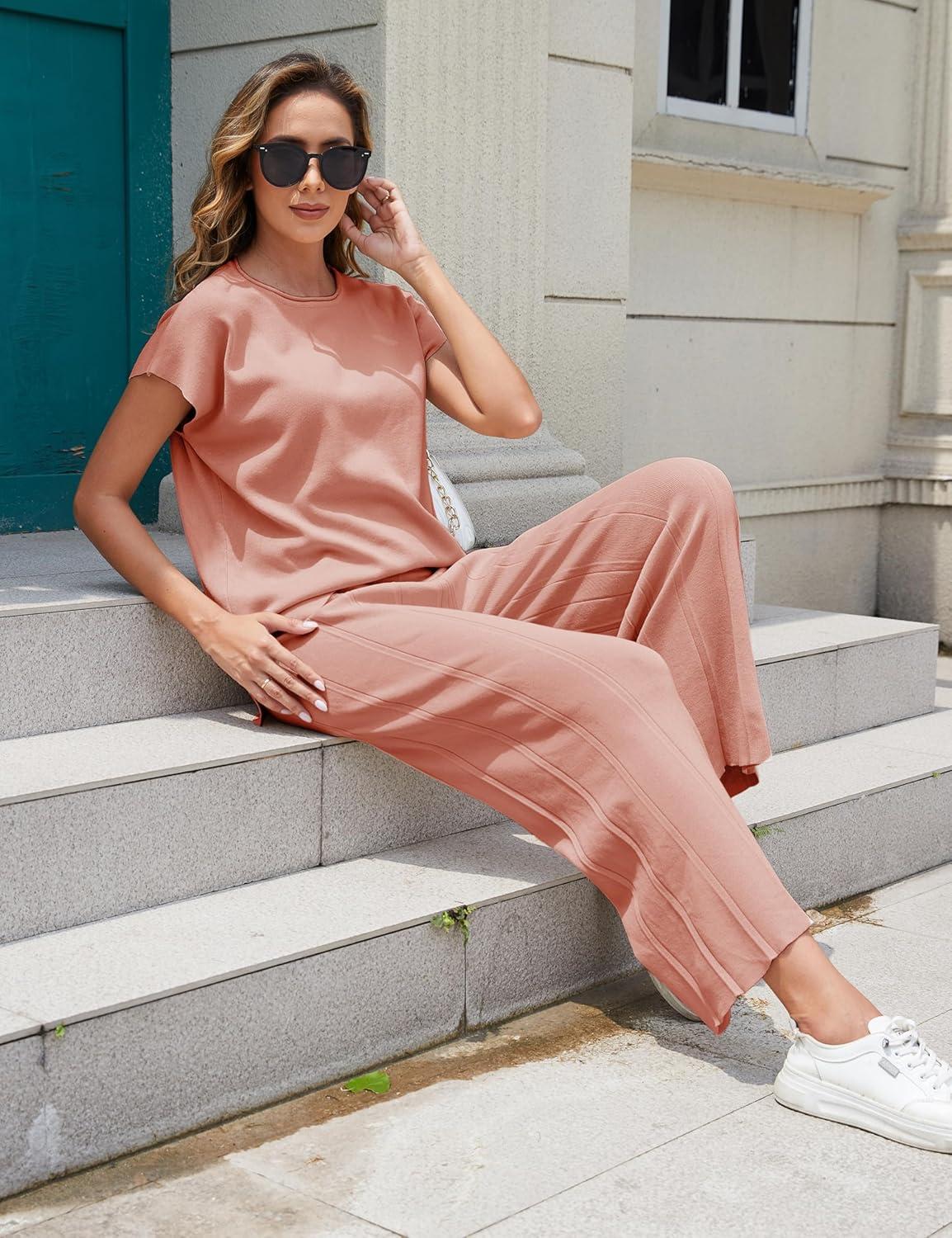 imageTanming Womens 2 Piece Outfits Sweater Set Knit Pullover Tops High Waisted Pants Sweatsuits Lounge SetRust