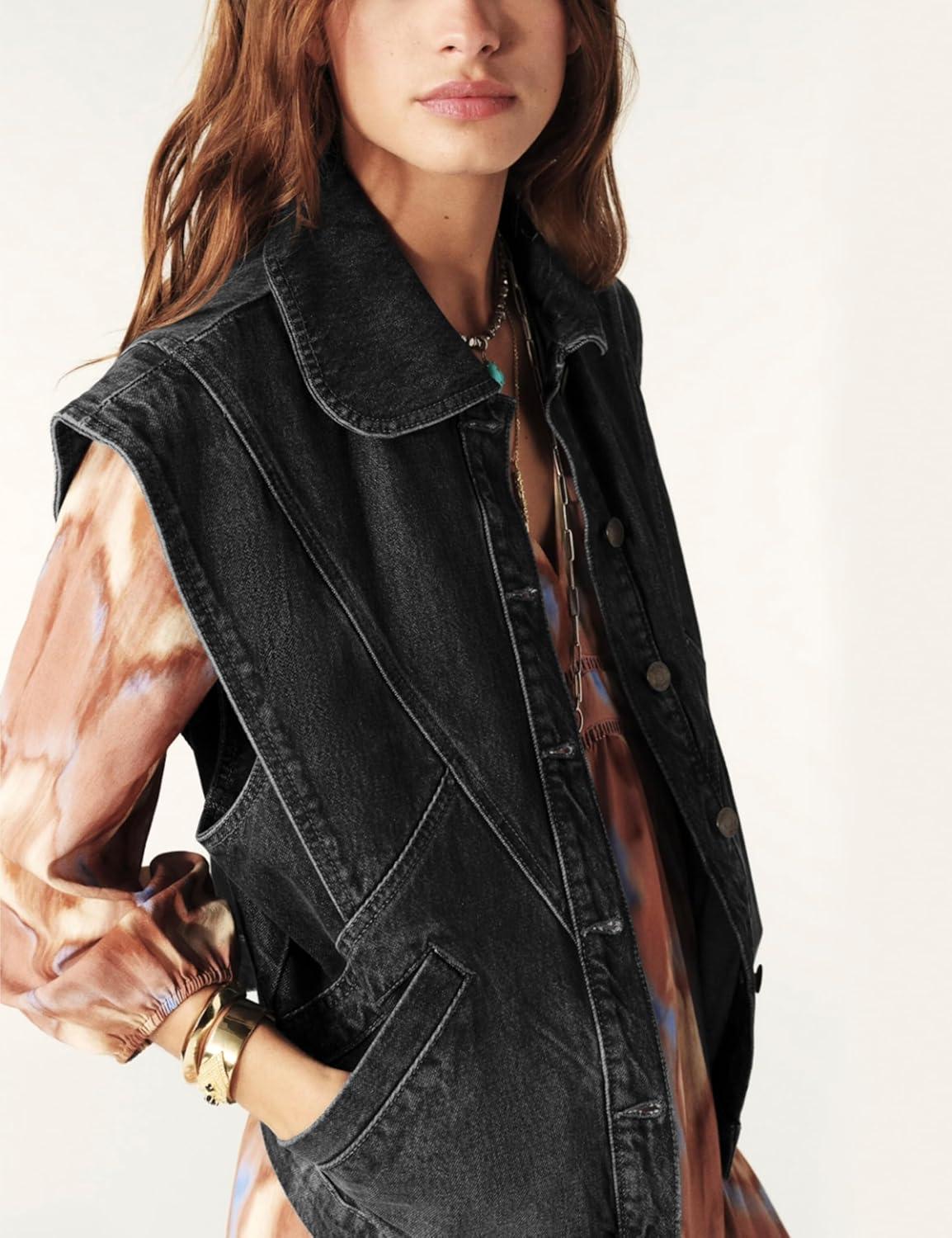 imageTanming Womens Denim Vest Cap Sleeve Casual Jean Jacket Oversized Button Down Jean WaistcoatBlack