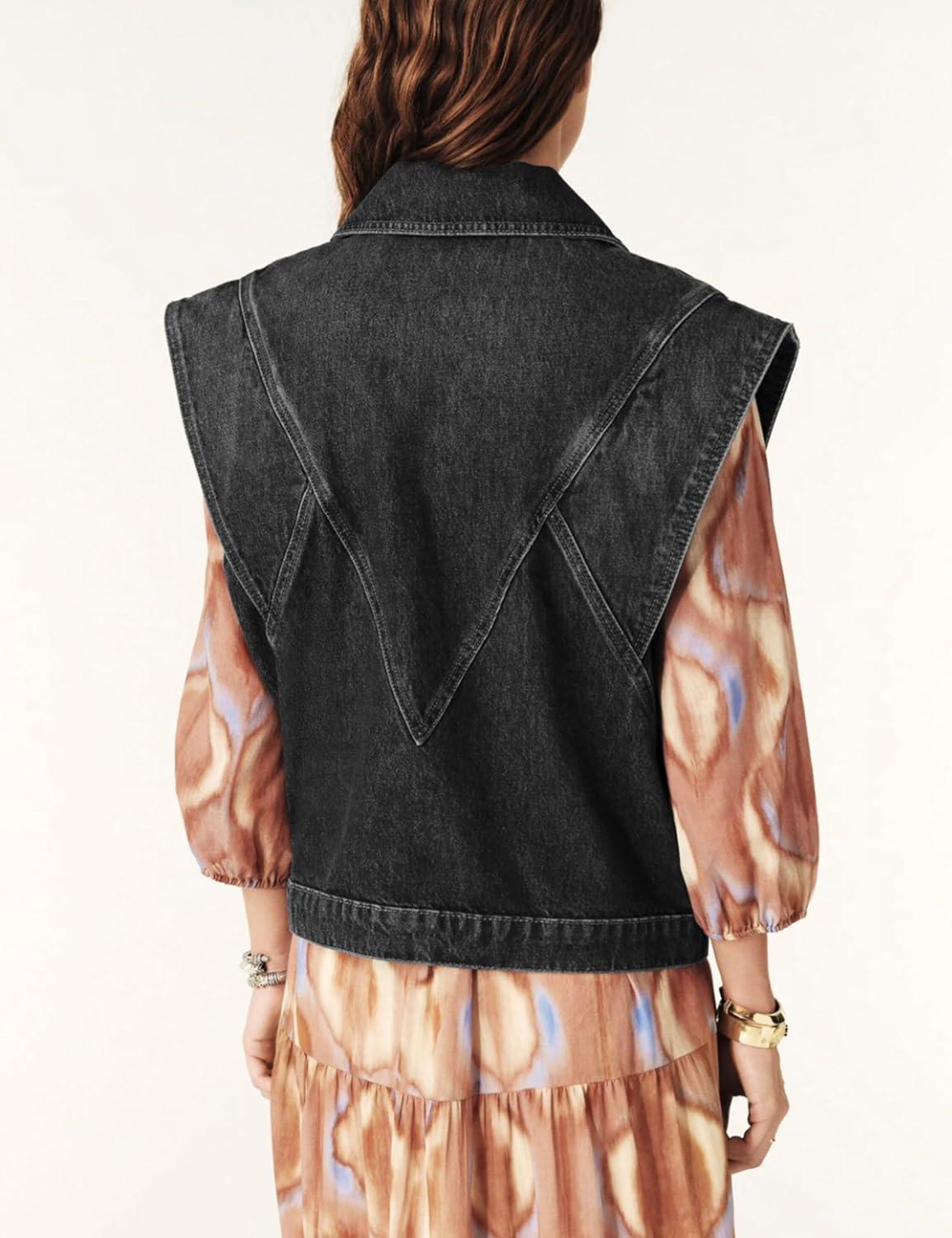 imageTanming Womens Denim Vest Cap Sleeve Casual Jean Jacket Oversized Button Down Jean WaistcoatBlack