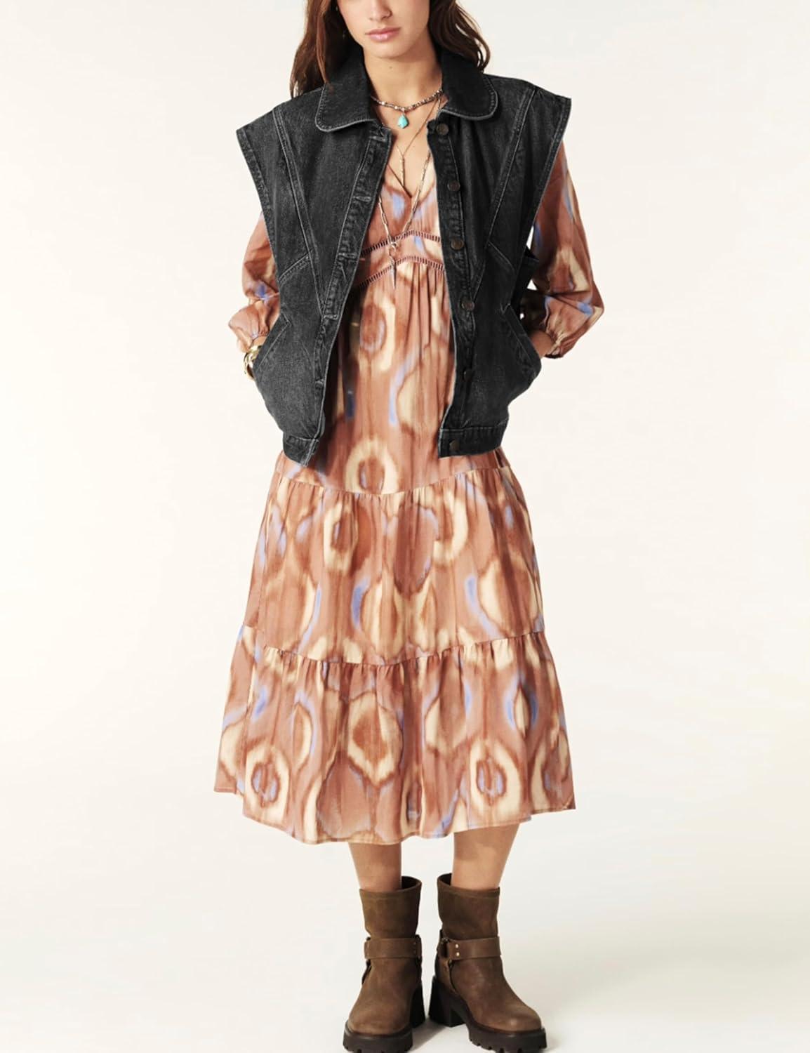 imageTanming Womens Denim Vest Cap Sleeve Casual Jean Jacket Oversized Button Down Jean WaistcoatBlack