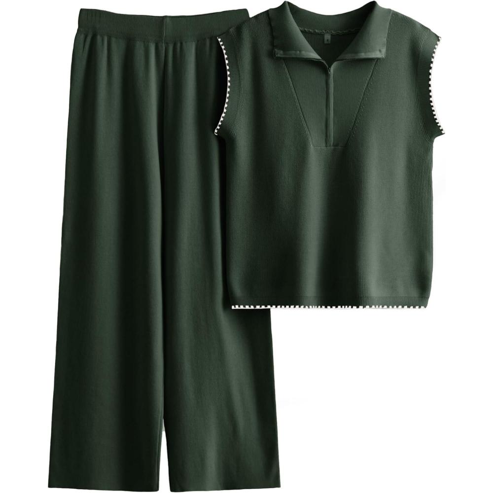 imageTanming Two Piece Sets for Women Sleeveless Half Zip Sweater Vest Wide Leg Pants Sweatsuits Lounge SetArmy Green