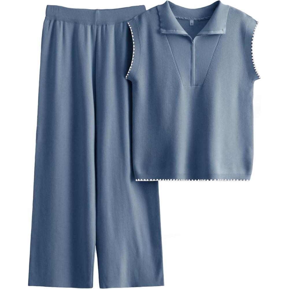 imageTanming Two Piece Sets for Women Sleeveless Half Zip Sweater Vest Wide Leg Pants Sweatsuits Lounge SetBlue
