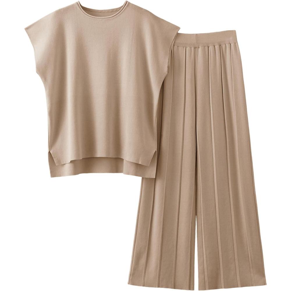 imageTanming Womens 2 Piece Outfits Sweater Set Knit Pullover Tops High Waisted Pants Sweatsuits Lounge SetKhaki