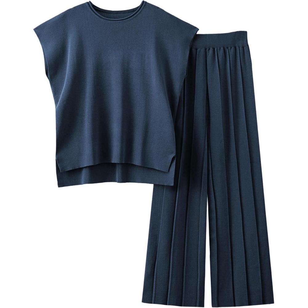 imageTanming Womens 2 Piece Outfits Sweater Set Knit Pullover Tops High Waisted Pants Sweatsuits Lounge SetNavy