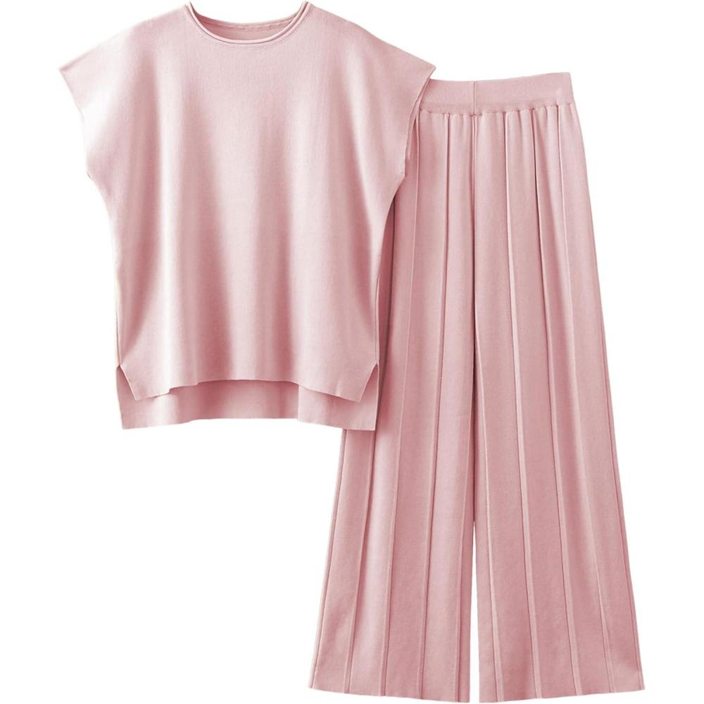 imageTanming Womens 2 Piece Outfits Sweater Set Knit Pullover Tops High Waisted Pants Sweatsuits Lounge SetPink