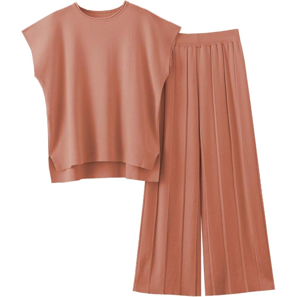 imageTanming Womens 2 Piece Outfits Sweater Set Knit Pullover Tops High Waisted Pants Sweatsuits Lounge SetRust