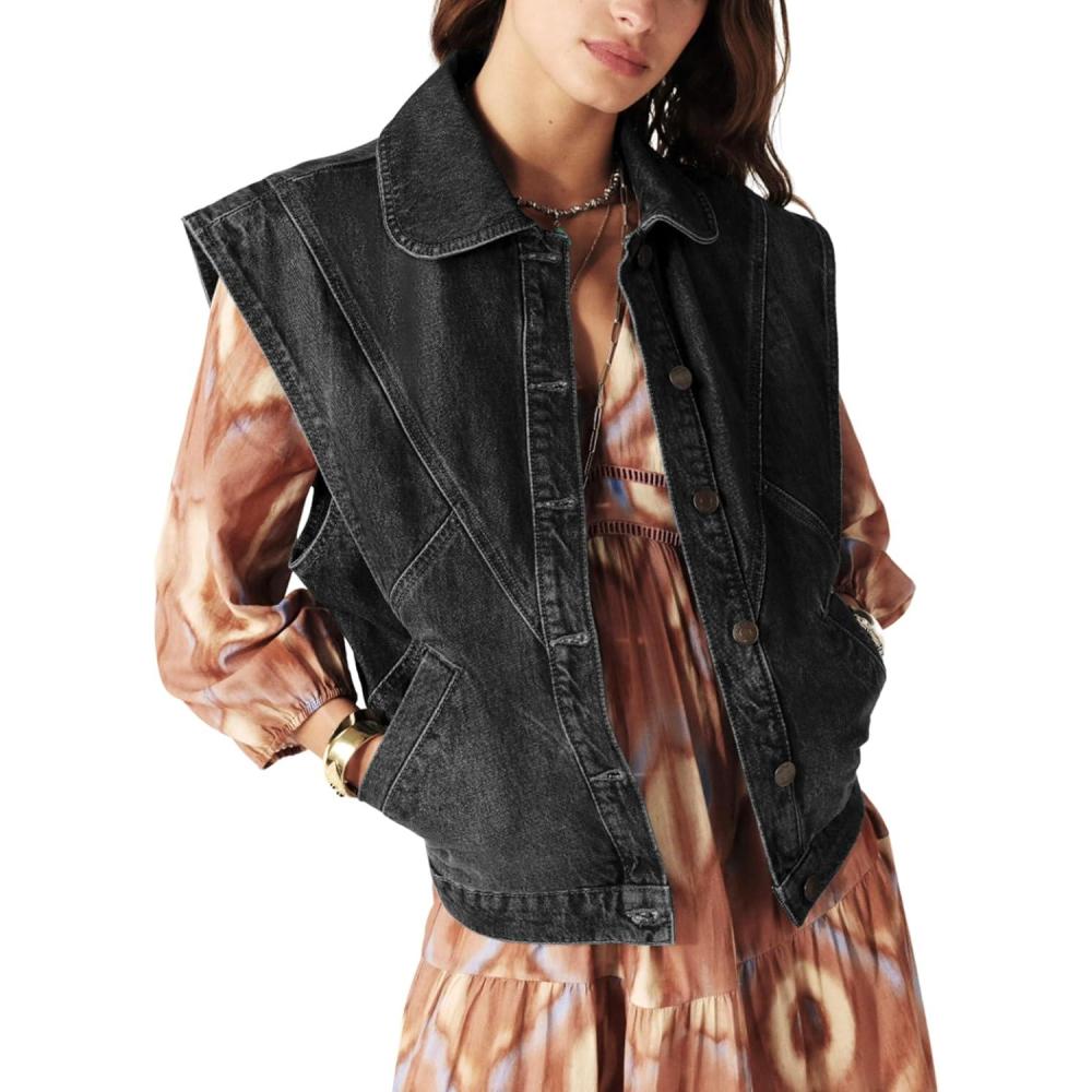 imageTanming Womens Denim Vest Cap Sleeve Casual Jean Jacket Oversized Button Down Jean WaistcoatBlack