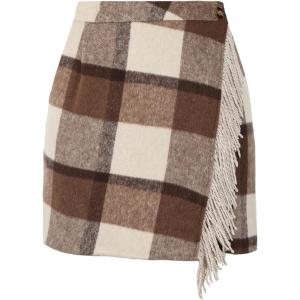 imageTanming Plaid Skirts for Women High Waist Bodycon Pencil Fringe Mini Skirts Fall Winter Wool Wrap SkirtBrown