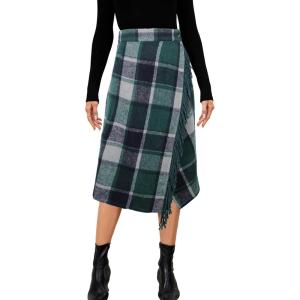 imageTanming Womens Plaid Fringed Midi Skirt A Line Warm Wool Wrap Skirt Fall Winter Tartan DressGreen