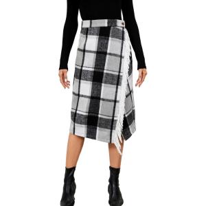 imageTanming Womens Plaid Fringed Midi Skirt A Line Warm Wool Wrap Skirt Fall Winter Tartan DressGrey