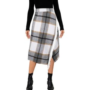 imageTanming Womens Plaid Fringed Midi Skirt A Line Warm Wool Wrap Skirt Fall Winter Tartan DressLight Grey