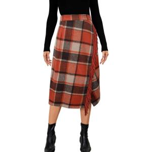 imageTanming Womens Plaid Fringed Midi Skirt A Line Warm Wool Wrap Skirt Fall Winter Tartan DressOrange