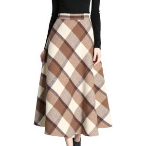 imageTanming Womens Winter Warm Elastic Waist Wool Plaid ALine Pleated Long SkirtPlaid Brown