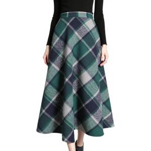 imageTanming Womens Winter Warm Elastic Waist Wool Plaid ALine Pleated Long SkirtPlaid Green